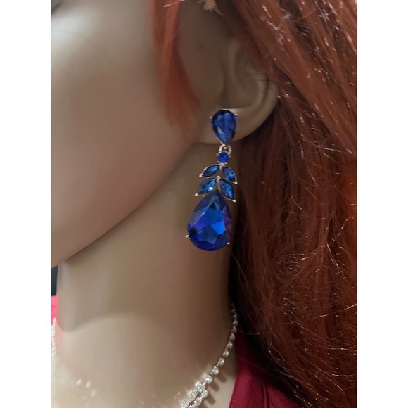 Royal blue earring long teardrop electric dangle rhinestone crystal blue 2.25” - Picture 6 of 9